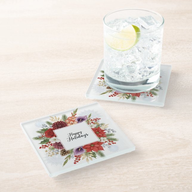 Elegant Holiday Floral Wreath Happy Holidays Glass Coaster (Angled)