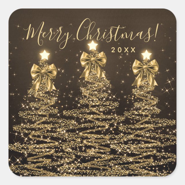Elegant Holiday Gold Christmas Trees w/ Bows Square Sticker (Front)
