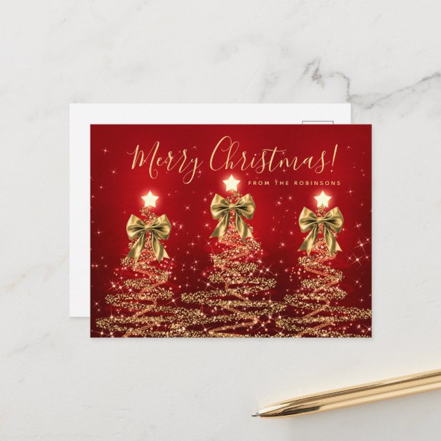 Elegant Holiday Gold Red Christmas Trees w/ Bows Postcard (Front/Back In Situ)