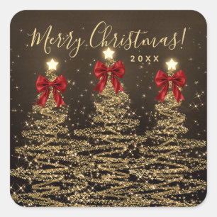 Elegant Holiday Gold Red Christmas Trees w/ Bows Square Sticker