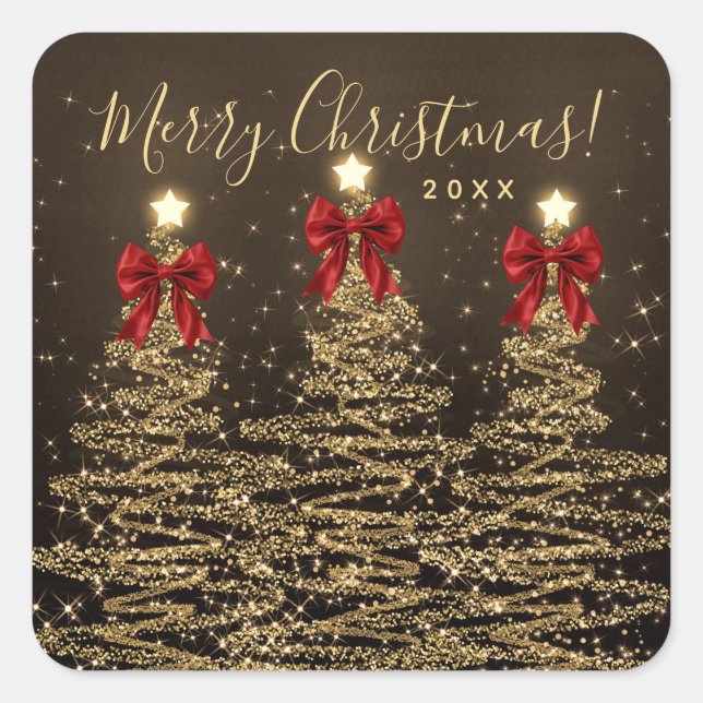 Elegant Holiday Gold Red Christmas Trees w/ Bows Square Sticker (Front)