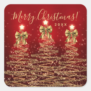 Elegant Holiday Gold Red Christmas Trees w/ Bows Square Sticker