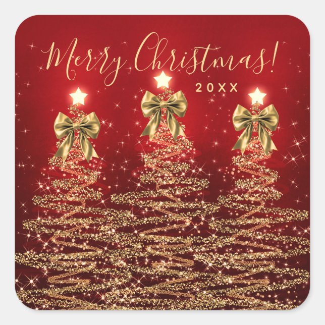 Elegant Holiday Gold Red Christmas Trees w/ Bows Square Sticker (Front)
