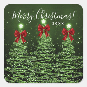 Elegant Holiday Green Christmas Trees Bows Red Square Sticker