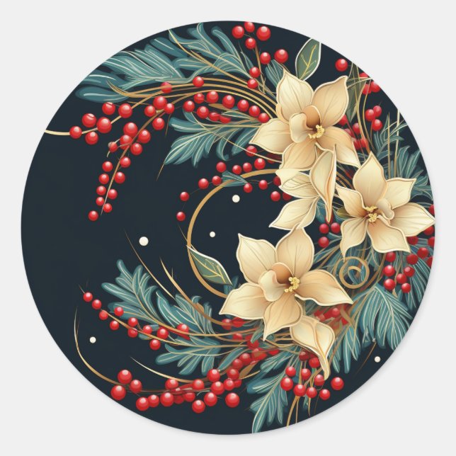 Elegant Holiday Greenery Classic Round Sticker (Front)