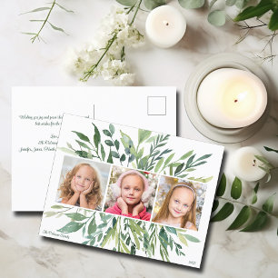 Elegant Holiday Greenery Family 3 Photo Modern Postcard