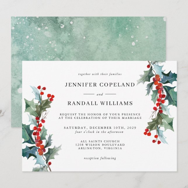 Elegant Holiday Greenery Watercolor Wedding Invitation (Front/Back)