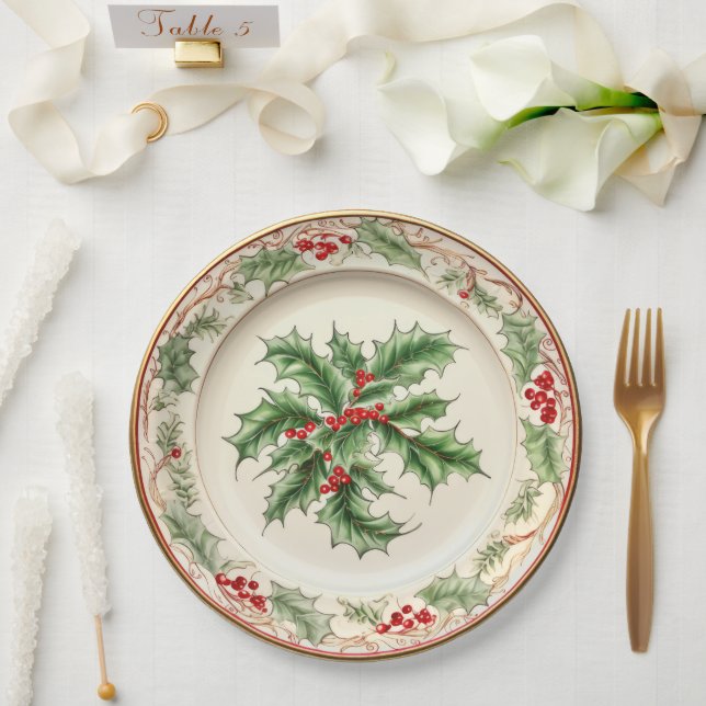 Elegant Holiday Holly Paper Plate (Wedding)