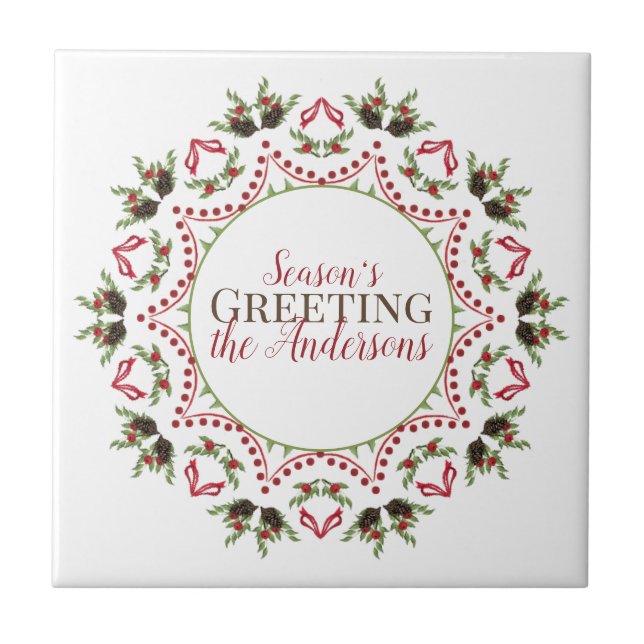 Elegant Holiday Mandala Christmas Red Green Name Tile (Front)