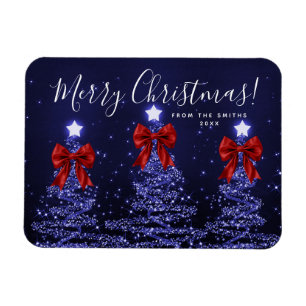 Elegant Holiday Navy Blue Christmas Trees Red Magnet