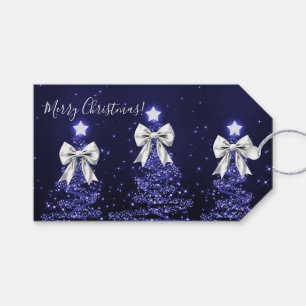 Elegant Holiday Navy Blue Christmas Trees Silver Gift Tags
