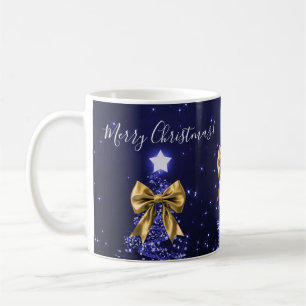 Elegant Holiday Navy Christmas Trees Bows Gold  Coffee Mug