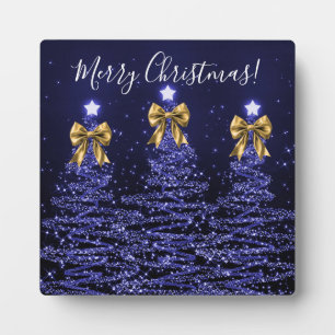 Elegant Holiday Navy Christmas Trees Bows Gold  Plaque