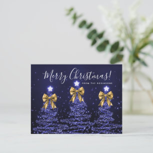 Elegant Holiday Navy Christmas Trees Gold Bows Postcard