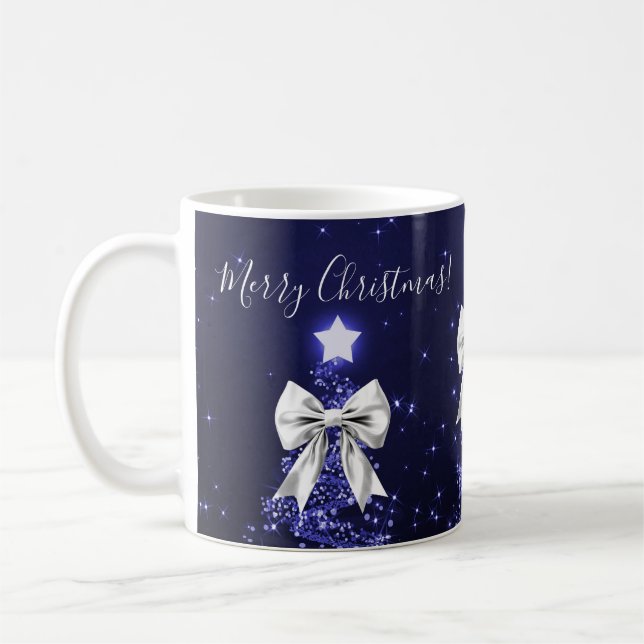 Elegant Holiday Navy Christmas Trees Silver Bows Coffee Mug (Left)