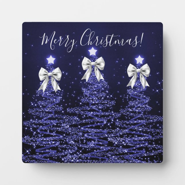 Elegant Holiday Navy Christmas Trees Silver Bows Plaque (Front)