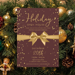 Elegant Holiday Open House Gold Bow Burgundy  Invitation