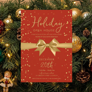 Elegant Holiday Open House Gold Bow Red Invitation