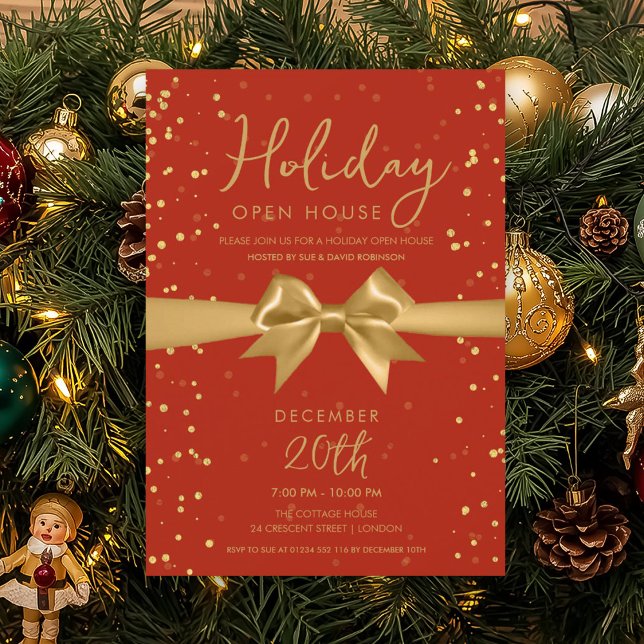 Elegant Holiday Open House Gold Bow Red  Invitation (Elegant Holiday Open House Gold Bow Red Invitation)
