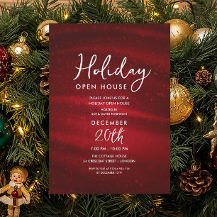 Elegant Holiday Open House Red Sparkle Glam Invitation