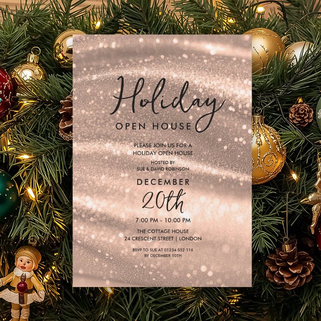 Elegant Holiday Open House Rose Gold Sparkle Glam Invitation (Elegant Holiday Open House Rose Gold Sparkle Glam Invitation)