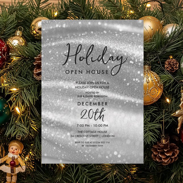 Elegant Holiday Open House Silver Sparkle Glam Invitation (Elegant Holiday Open House Silver Sparkle Glam Invitation)