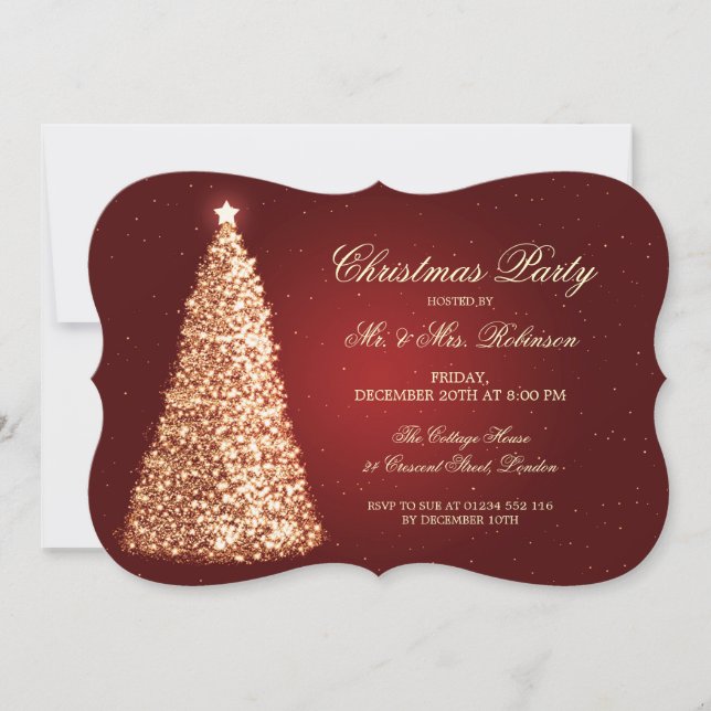 Elegant Holiday Party Gold Christmas Tree Red Invitation (Front)