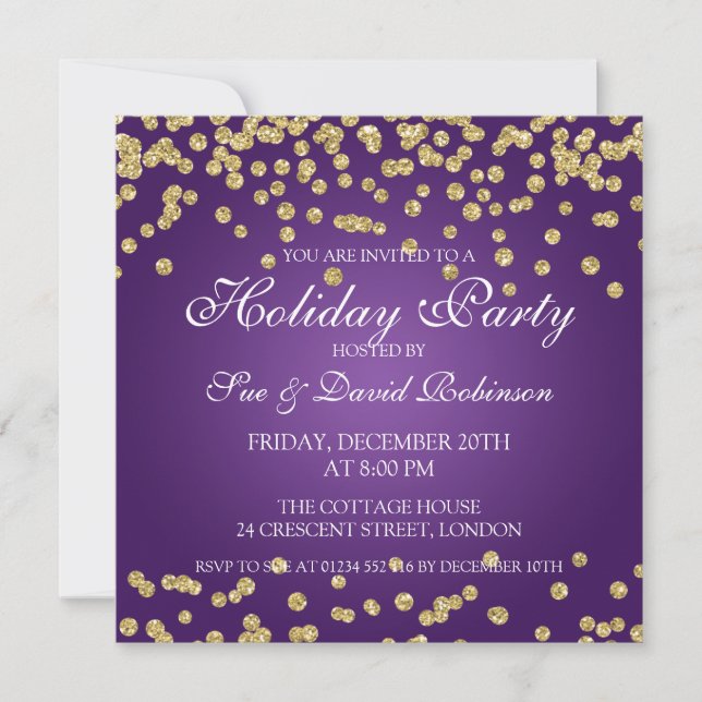Elegant Holiday Party Gold Glitter Confetti Purple Invitation (Front)