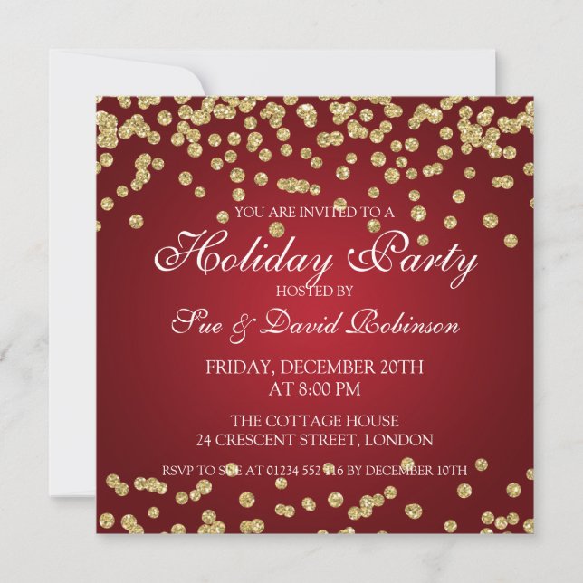 Elegant Holiday Party Gold Glitter Confetti Red Invitation (Front)
