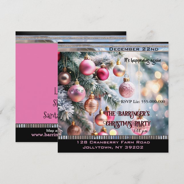 Elegant Holiday Pink Beautiful Christmas Party Invitation (Front/Back)