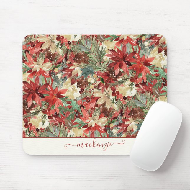 Elegant Holiday Poinsettia Christmas Floral Mouse Mat (With Mouse)