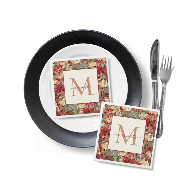 Elegant Holiday Poinsettia Christmas Monogram Napkin (Creator Uploaded)
