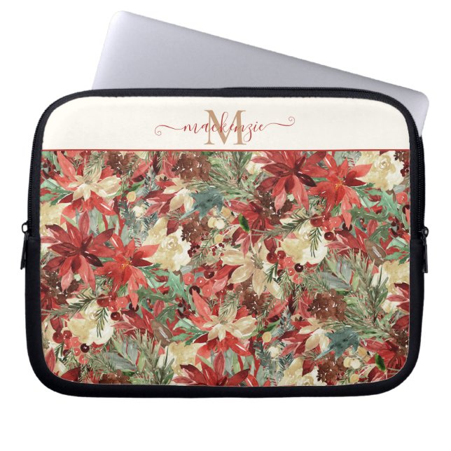 Elegant Holiday Poinsettia Floral Monogram Laptop Sleeve (Front)