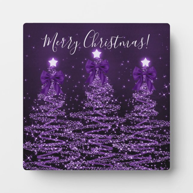Elegant Holiday Purple Christmas Trees Bows Plaque (Front)