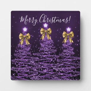 Elegant Holiday Purple Christmas Trees Gold Bows Plaque