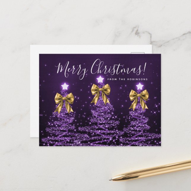 Elegant Holiday Purple Christmas Trees Gold Bows Postcard (Front/Back In Situ)