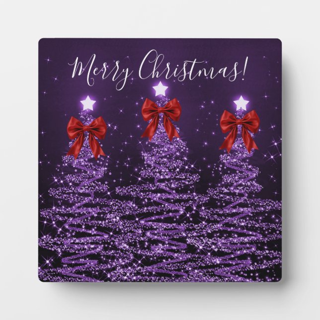 Elegant Holiday Purple Christmas Trees Red Bows Plaque (Front)