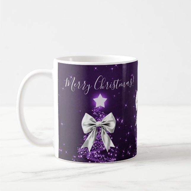 Elegant Holiday Purple Christmas Trees Silver Bows Coffee Mug (Left)