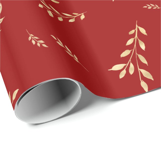 Elegant Holiday Red Gold Foil Leaves Wrapping Paper (Roll Corner)
