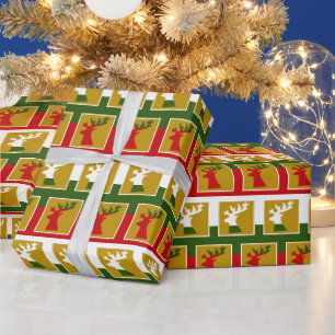 Elegant Holiday Reindeer in Gold Green Red & White Wrapping Paper