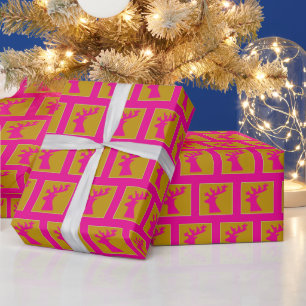 Elegant Holiday Reindeer Pattern, Hot Pink & Gold Wrapping Paper