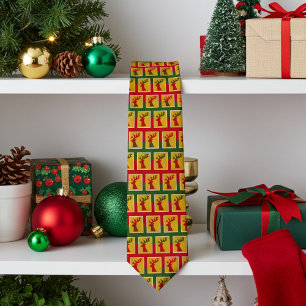 Elegant Holiday Reindeer Pattern in Green Red Gold Tie