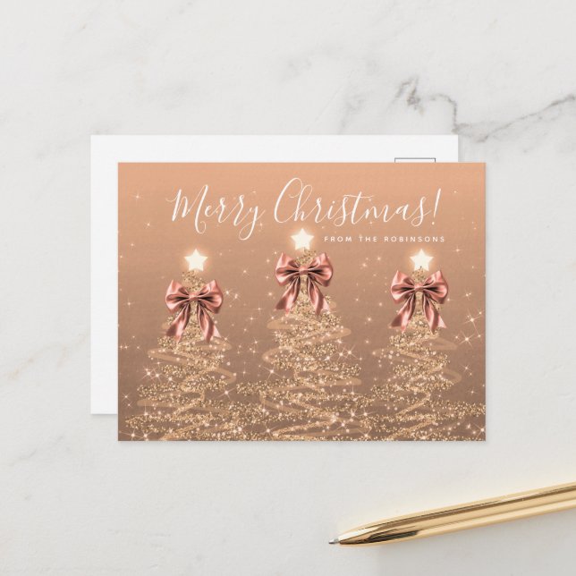 Elegant Holiday Rose Gold Christmas Trees Bows Postcard (Front/Back In Situ)