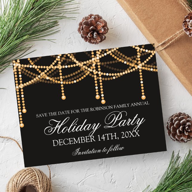 Elegant Holiday Save The Date Gold String Lights Announcement Postcard (Elegant Holiday Save The Date Gold String Lights Announcement Postcard)
