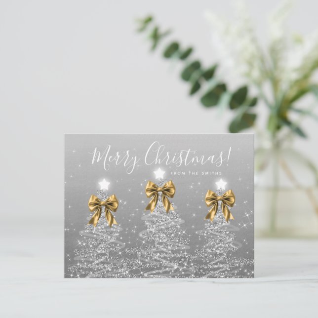 Elegant Holiday Silver Christmas Trees Gold Bows Postcard (Standing Front)