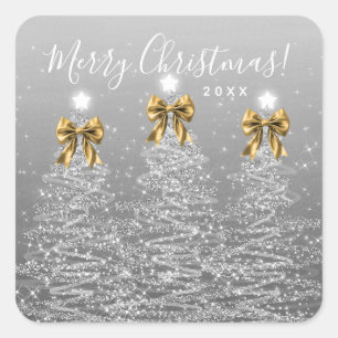 Elegant Holiday Silver Christmas Trees Gold Bows Square Sticker