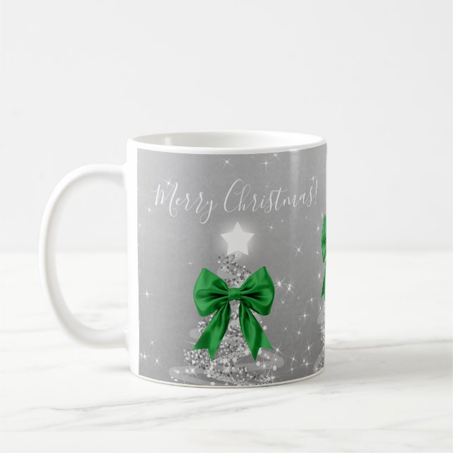 Elegant Holiday Silver Christmas Trees Green Bows Coffee Mug (Left)