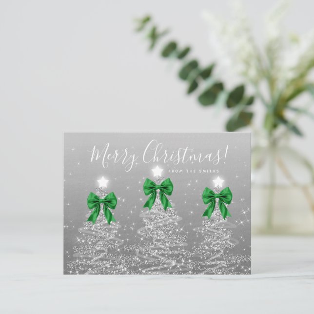 Elegant Holiday Silver Christmas Trees Green Bows Postcard (Standing Front)