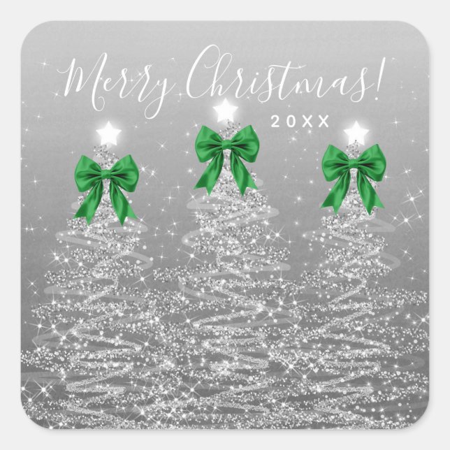 Elegant Holiday Silver Christmas Trees Green Bows Square Sticker (Front)