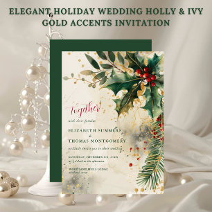 Elegant Holiday Wedding Holly & Ivy Gold Accents Invitation